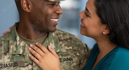 Happy couple military man in uniform, woman leaning on his shoulder, both smiling