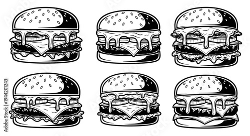 Six delicious cheeseburgers with melted cheese and sesame seed buns, ready to eat.
