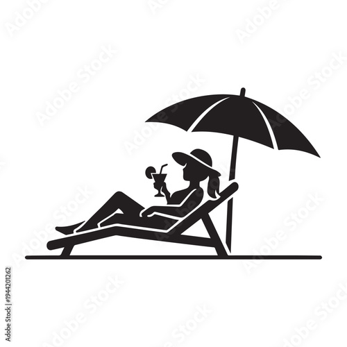 Relaxing Woman on Beach Chair Under Umbrella with Cocktail – Summer Vacation Silhouette Illustration