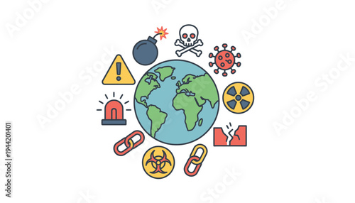 Global threats including biological, nuclear, and criminal dangers surround the planet Earth in a conceptual illustration.