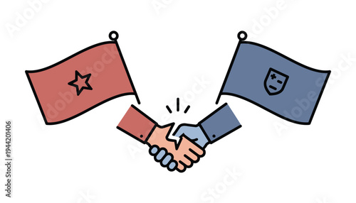 Two hands shaking firmly below two different national flags signifies a successful diplomatic agreement or international partnership between countries.