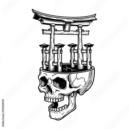 Skull with Japanese Torii Gate Mind Concept.