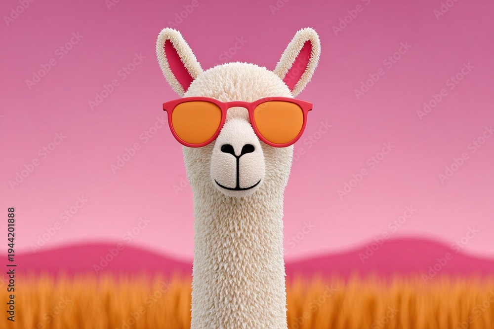 Obraz premium Llama with sunglasses stands in a vibrant field during a sunny day