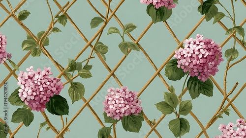 Floral Pattern with Pink Hydrangea Blooms and Bamboo Trellis Design on Blue Background