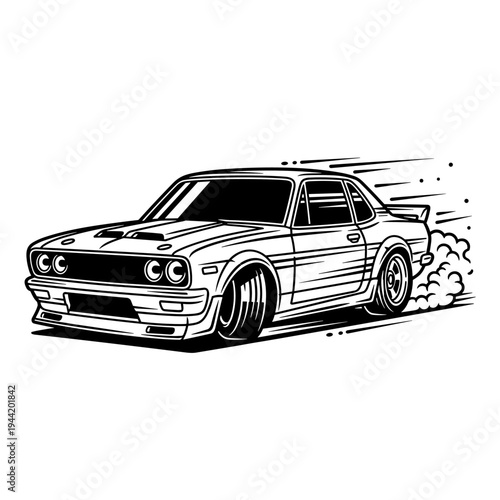 Classic Muscle Car Drifting Black and White Illustration.