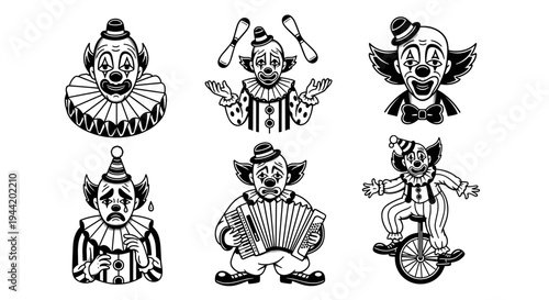 Collection of Six Vintage Clown Illustrations in Black and White.