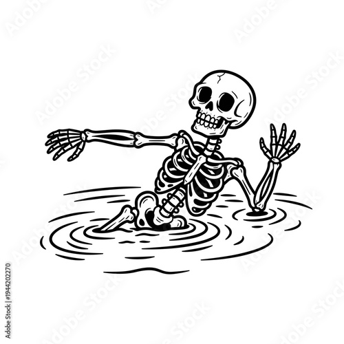 Skeleton in water line art illustration.