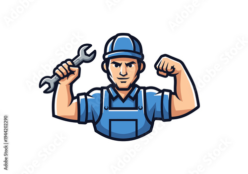 Strong Mechanic Mascot with Wrench and Flexed Biceps.