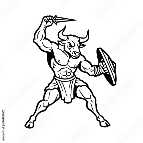 Minotaur wielding dagger and shield in aggressive stance.