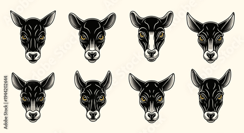 Collection of eight detailed illustrations of young deer heads, showcasing various facial features and expressions.