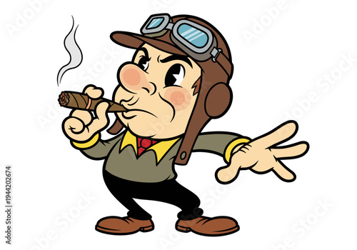 Cartoon aviator character smoking a cigar with goggles and pilot cap.