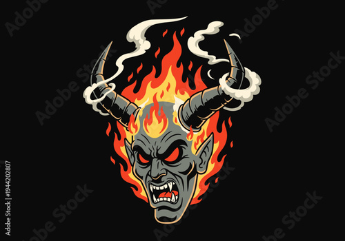 Furious horned demon head engulfed in flames and smoke.