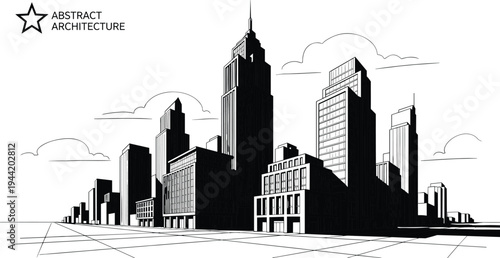Expressive metropolitan cityscape featuring a high-contrast contemporary skyscraper cluster, stylized cloud elements, and a geometric ground-plane grid.