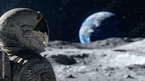 An astronaut stands on the lunar surface looking towards Earth. moon's terrain with a clear view of Earth in the distance