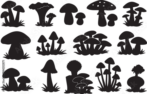 forest mushrooms set silhouette vector