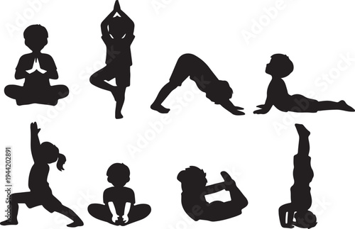 Kids yoga with children doing exercises set silhouette vector