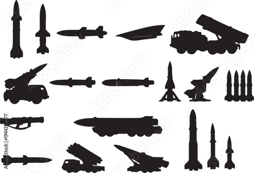military missile and rocket weapon set silhouettes vector