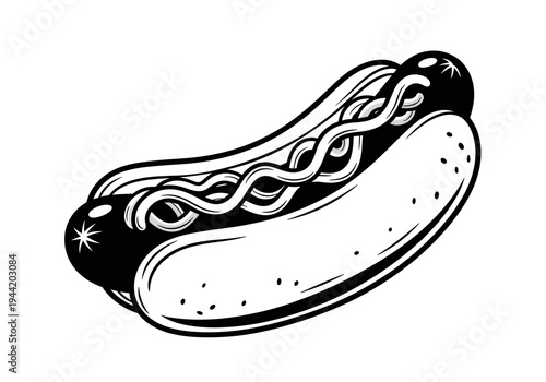 Classic Hot Dog with Mustard Doodle Illustration.