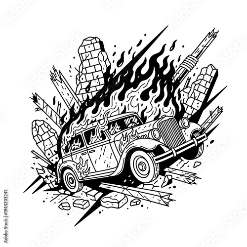 Vintage car engulfed in flames, a powerful symbol of destruction and rebellion.