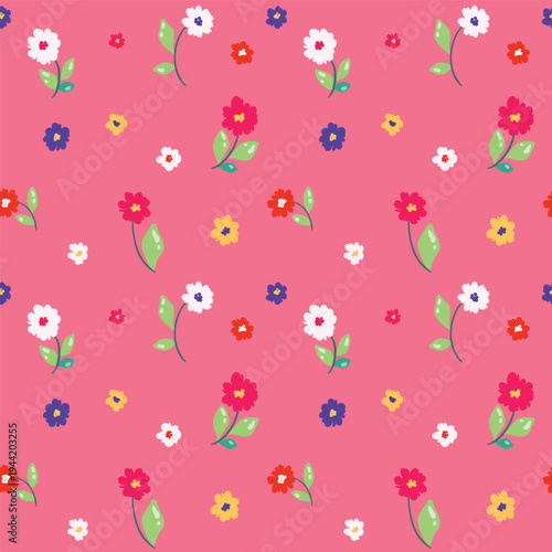 Seamless floral pattern, liberty ditsy print of tiny plants in a bright girly motif. Cute botanical design of small hand drawn flowers, mini leaves on a pink background. Vector illustration.