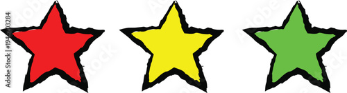 Three colorful stars on a white background red yellow and green with black outlines