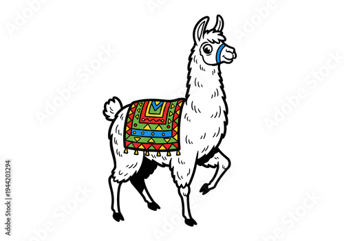 Cute cartoon llama with colorful blanket on its back.