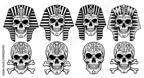 Set of eight detailed skull illustrations with ancient Egyptian and tribal motifs.