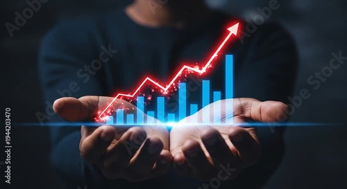 Dark hands hold illuminated blue bar chart & red arrow, symbolizing business growth