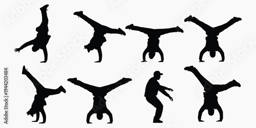 Silhouettes of a person performing various breakdancing moves and handstands bboy b-boy