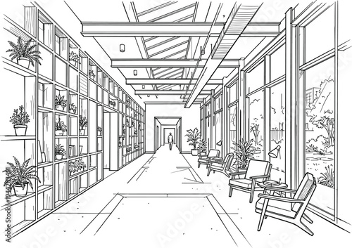 Immersive interior perspective of a modern sunroom gallery featuring a gridded plant wall, floor-to-ceiling glass windows, and lounge seating.