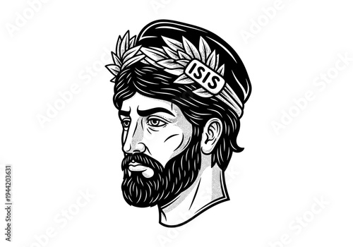 Bearded man with laurel wreath and ISIS band.