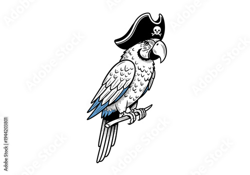 Pirate Parrot Sitting on a Perch Wearing a Hat.
