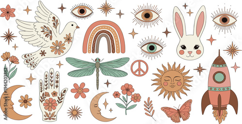 Boho Mystical Symbols Vector Set with Rabbit, Sun, Moon, Rainbow, Rocket, Dove, Eyes and Floral Elements