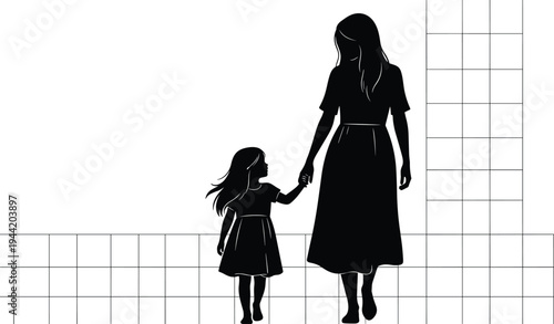 Adult child walking silhouette, family relationship icon, growth measurement design, parent child bond illustration, black white artwork, generational connection symbol