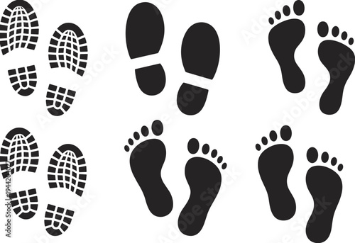 Multiple Pairs of Footprint and Shoe Print Silhouettes Keywords: footprint, shoe print, sole, boot print, human footprint, bare