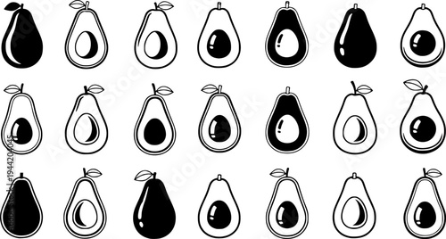 Avocado fruit pattern icon set featuring simple outline design for healthy organic food wallpaper – Black Vector Illustration