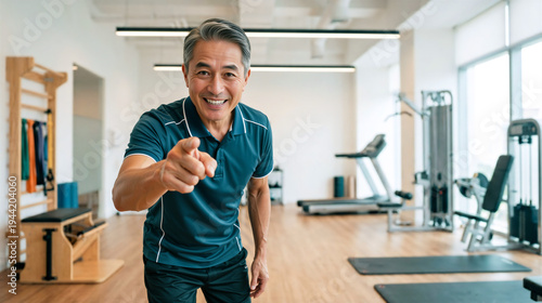 Smiling middle aged asian man pointing at camera in gym. Motivated male fitness trainer in modern workout studio. Healthy lifestyle and personal training concept
