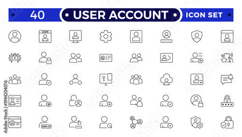 User account outline icon set. Containing profile, password, login, username, avatar, connect, add friend and more. Outline vector icons collection.