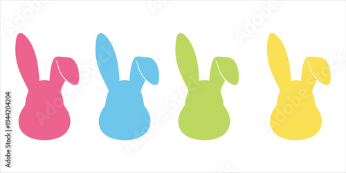 Four Colorful Easter Bunny Silhouettes on White Background Keywords: Easter, bunny, rabbit, silhouette, pink, blue, green