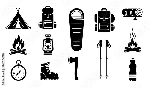 Stylized Black Camping and Hiking Equipment Vector Icons
