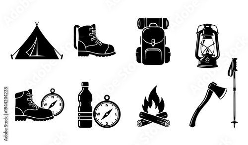 Black Camping and Hiking Equipment Vector Icon Pack