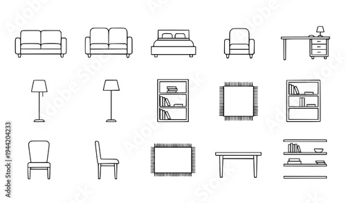 Minimal Modern Interior Home Furniture and Decor Vector Icon Collection
