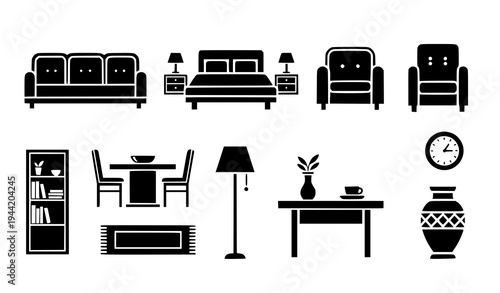 Stylized Modern Interior Design Home Furniture and Decor Vector Icons