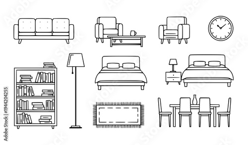 Modern Interior Design Home Furniture and Decor Vector Icon Set
