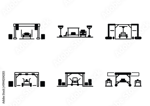 Collection of Different Warehouse and Cargo Scenarios in Simple Black and White Icons