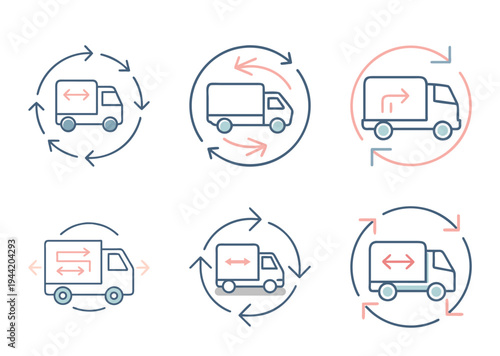 Delivery truck icon set showing logistics, movement, and transportation services representation