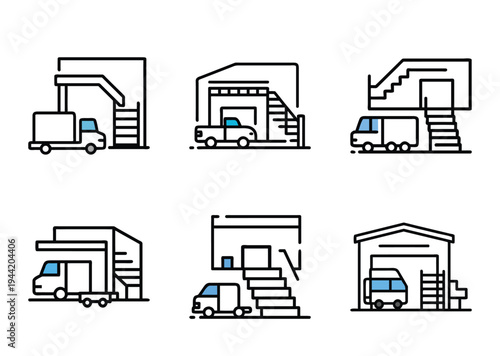 Vector illustrations of moving and logistics, showing delivery trucks near structures