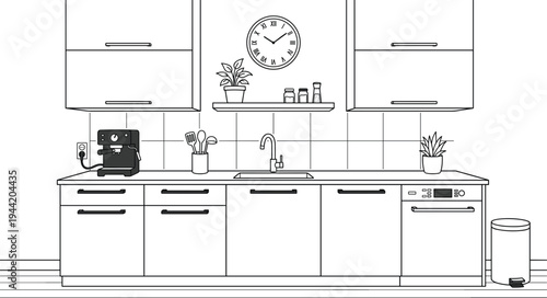 Minimalist handleless kitchen elevation perspective featuring integrated espresso machine, wall clock, and modern base cabinetry.