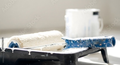 Close-up of a professional paint roller resting on a tray with a paint bucket in a blurred background during a home renovation project indoors, DIY interior design concept, high-key lighting.