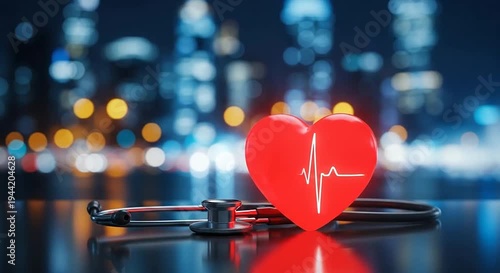 Stethoscope and red heart with ECG symbol on a reflective table, city lights bokeh